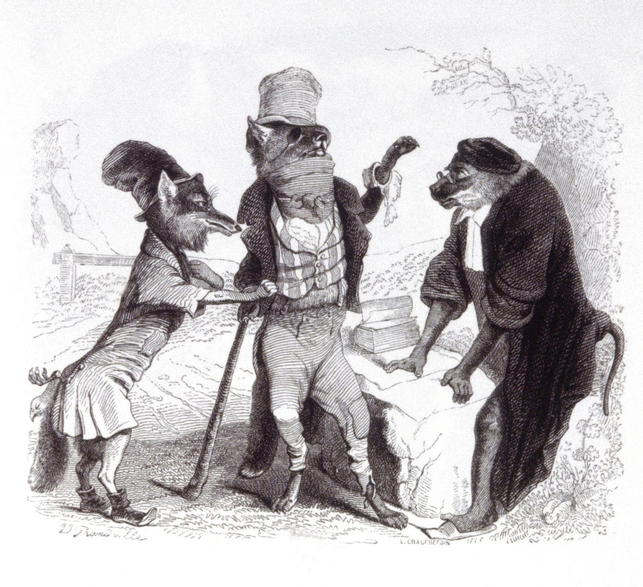 El lobo suplicando al zorro frente al mono de Grandville (1803 47)