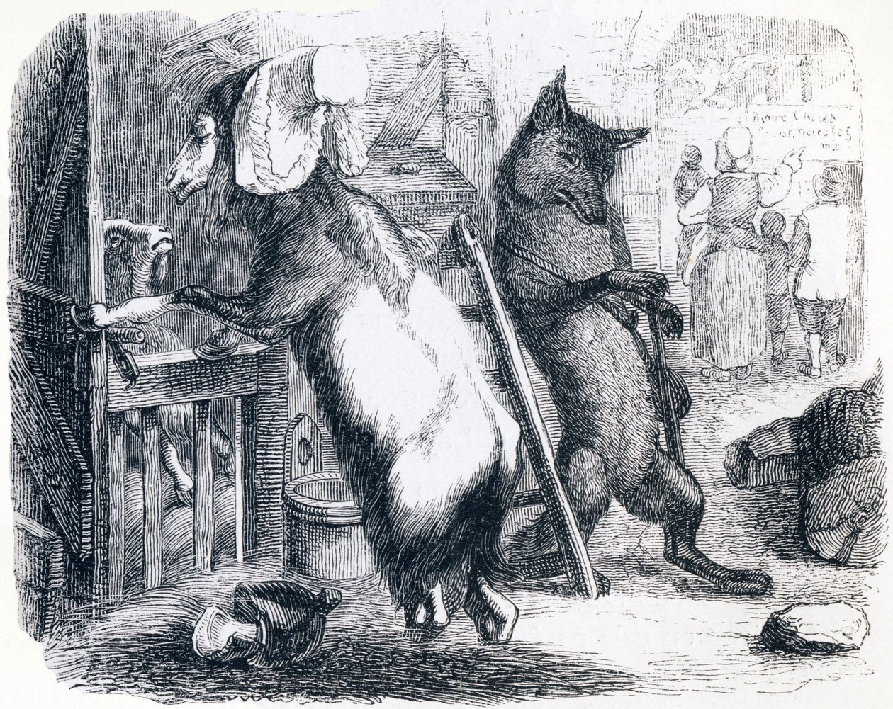 El lobo, la cabra y el cabrito - Fábulas de La Fontaine de Grandville