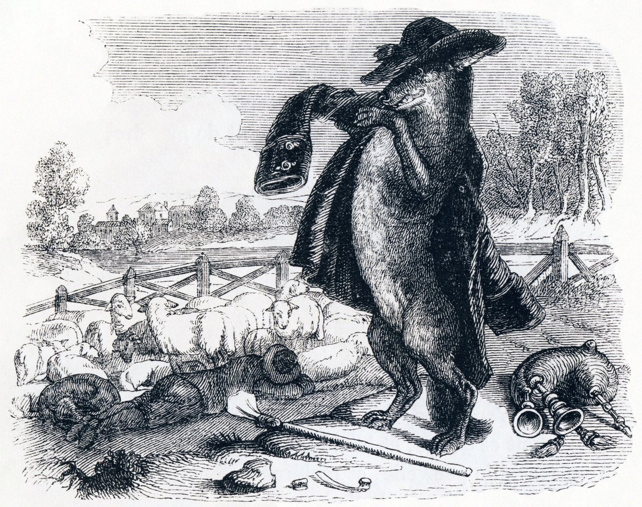 El lobo convertido en pastor - Fábulas de La Fontaine de Grandville