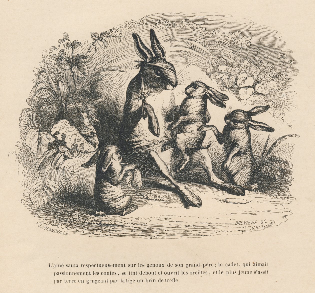 Tres niños conejos escuchando a su abuelo herido contar historias. Viñetas ilustradas por JJ Granville. Grabado firmado por Breviere en la parte "Historia de una liebre" escrito por PJ Stahl en "Escenas de la vida privada y pública de los animales". París de Grandville