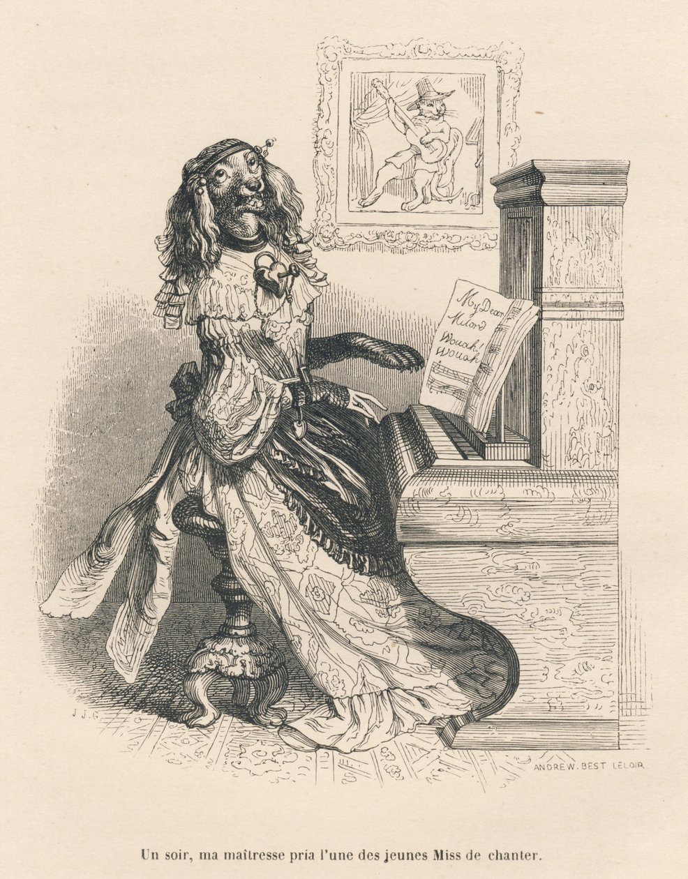 Un perro cantando al piano. Viñetas ilustradas por JJ Granville. Grabado firmado Andrew, Best y Leloir en la parte titulada "Penas de corte de una gata inglesa" escrito por Honoré de Balzac en "Escenas de la vida privada y pública de los animales". París de Grandville