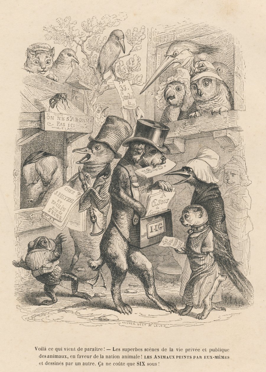 Esto es lo que acaba de aparecer. Gato y pájaro vendiendo el presente libro por seis sueldos. Viñetas ilustradas por JJ Granville. Grabado firmado Andrew, Best y Leloir en el prólogo titulado "Resumen parlamentario" escrito por PJ Stahl en "Escenas de la v de Grandville