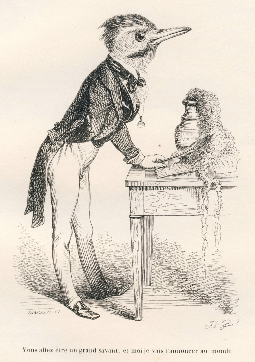 Vas a ser un gran sabio, y yo lo anunciaré al mundo. Viñetas ilustradas por JJ Granville. Grabado firmado por Tamisier en la parte titulada "Guía para animales que quieren alcanzar honores" escrito por Honoré de Balzac en "Escenas de la vida privada y públ de Grandville