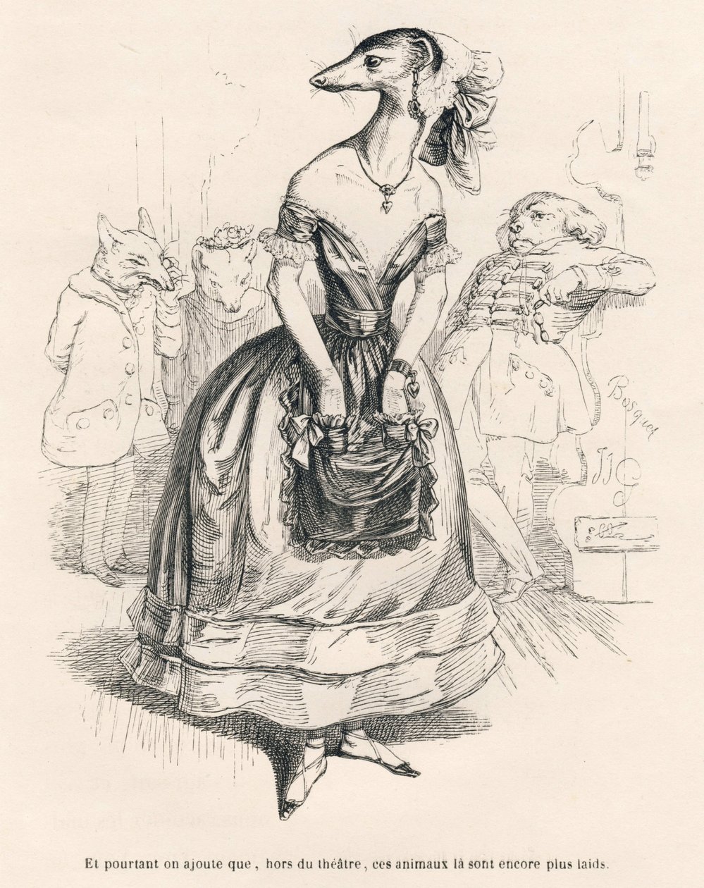 ... fuera del teatro, esos animales son aún más feos. Viñetas ilustradas por JJ Granville. Grabado firmado Godard en la parte titulada "El primer folletín de Pistolet" escrito por Jules Janin en "Escenas de la vida privada y pública de los animales" de Grandville