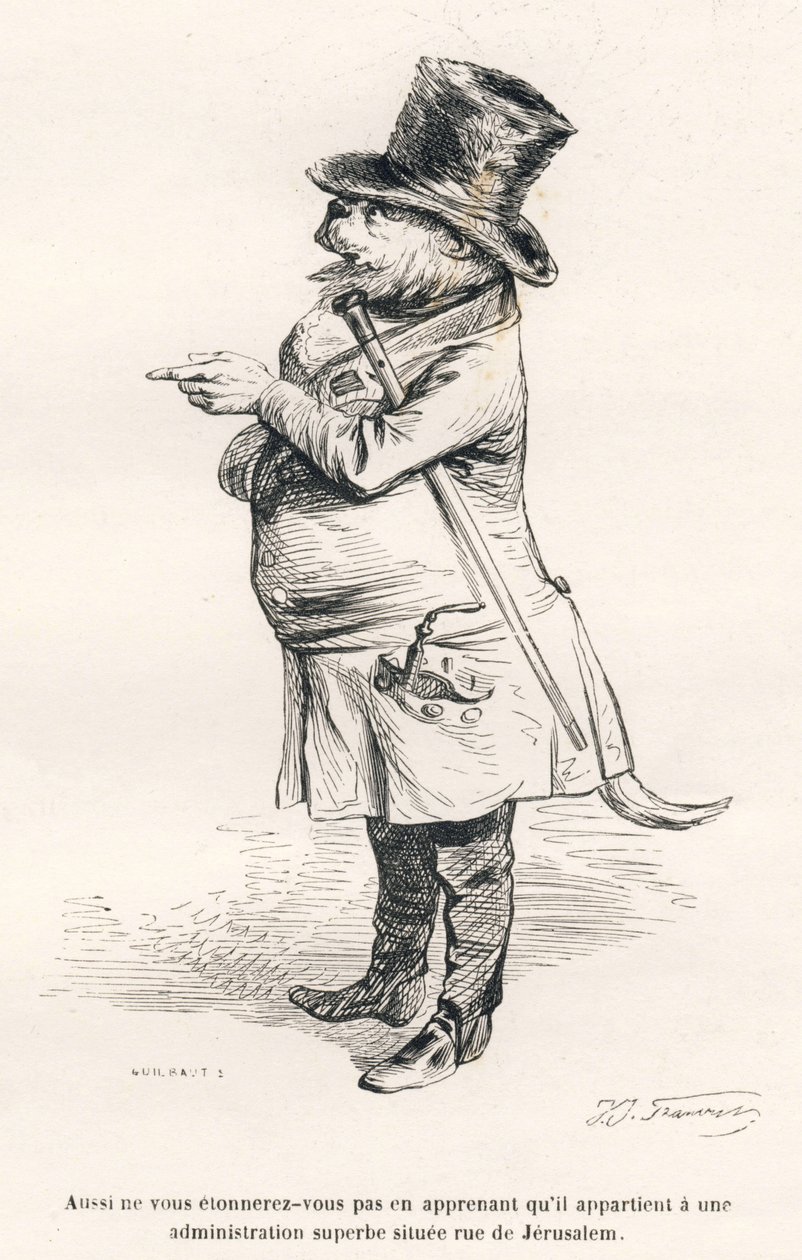 ... pertenece a una administración magnífica situada en la calle de Jerusalén. Viñetas ilustradas por JJ Granville. Grabado firmado Guilbaut en la parte titulada "Viaje de un león de África a París" escrito por Honoré de Balzac en "Escenas de la vida priva de Grandville