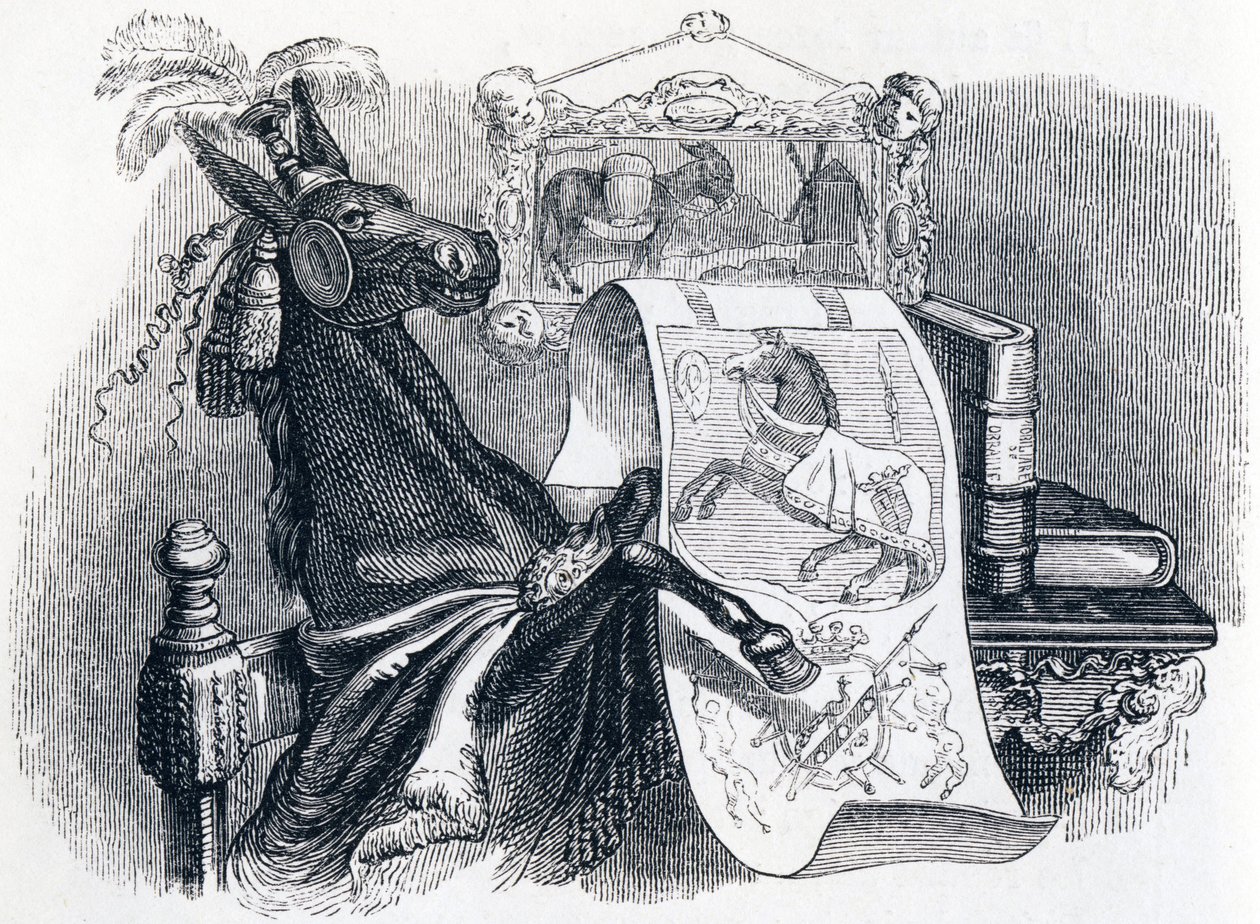 El mulo jactándose de su genealogía - Fábulas de La Fontaine de Grandville