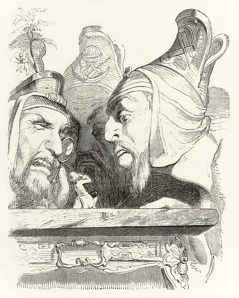 Gulliver es inspeccionado por los residentes de Brobdingnag, de Los viajes de Gulliver de Jonathan Swift de Grandville