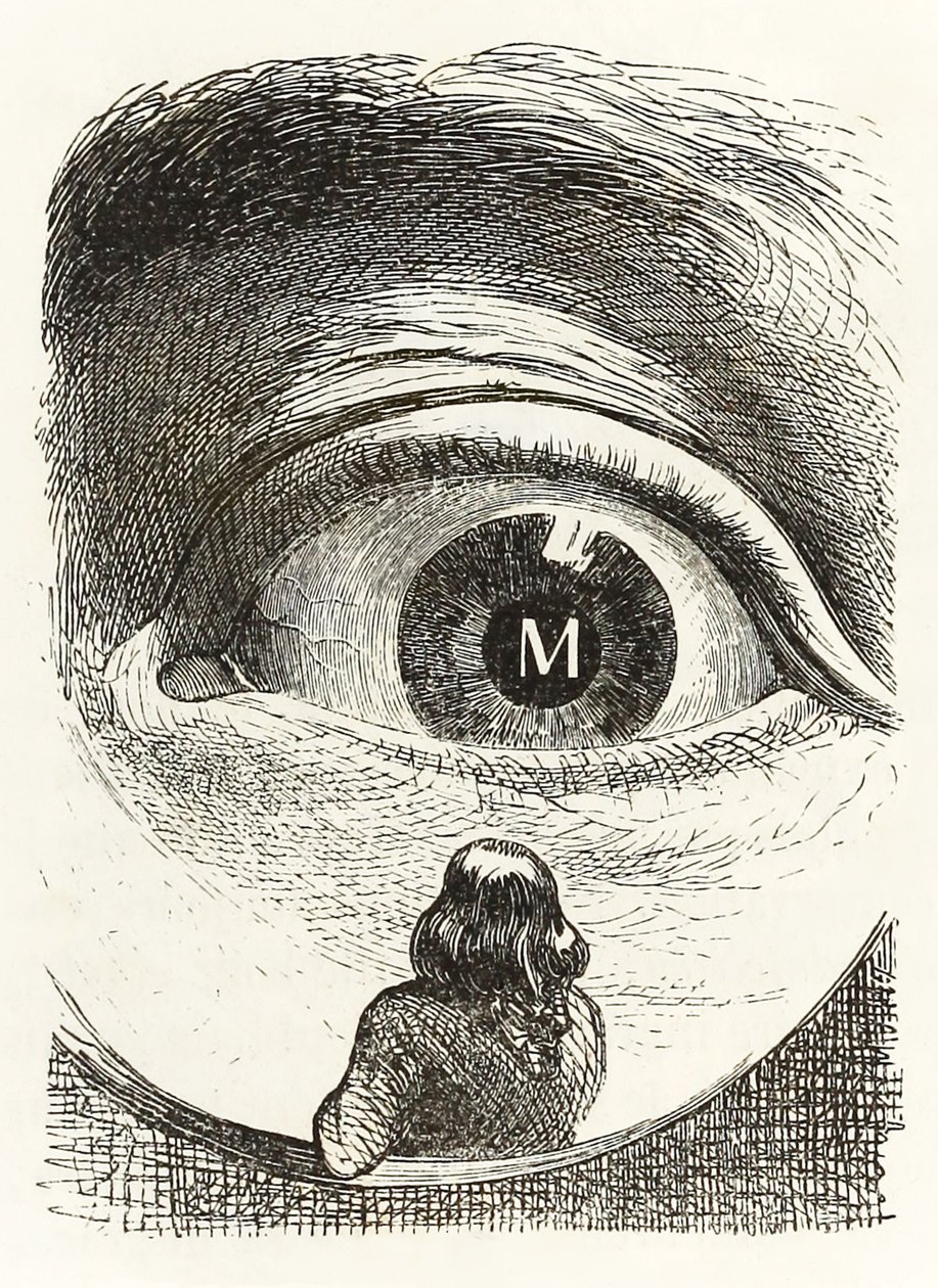 Gulliver es inspeccionado por la hija del granjero en Brobdingnag, de Los viajes de Gulliver de Jonathan Swift de Grandville