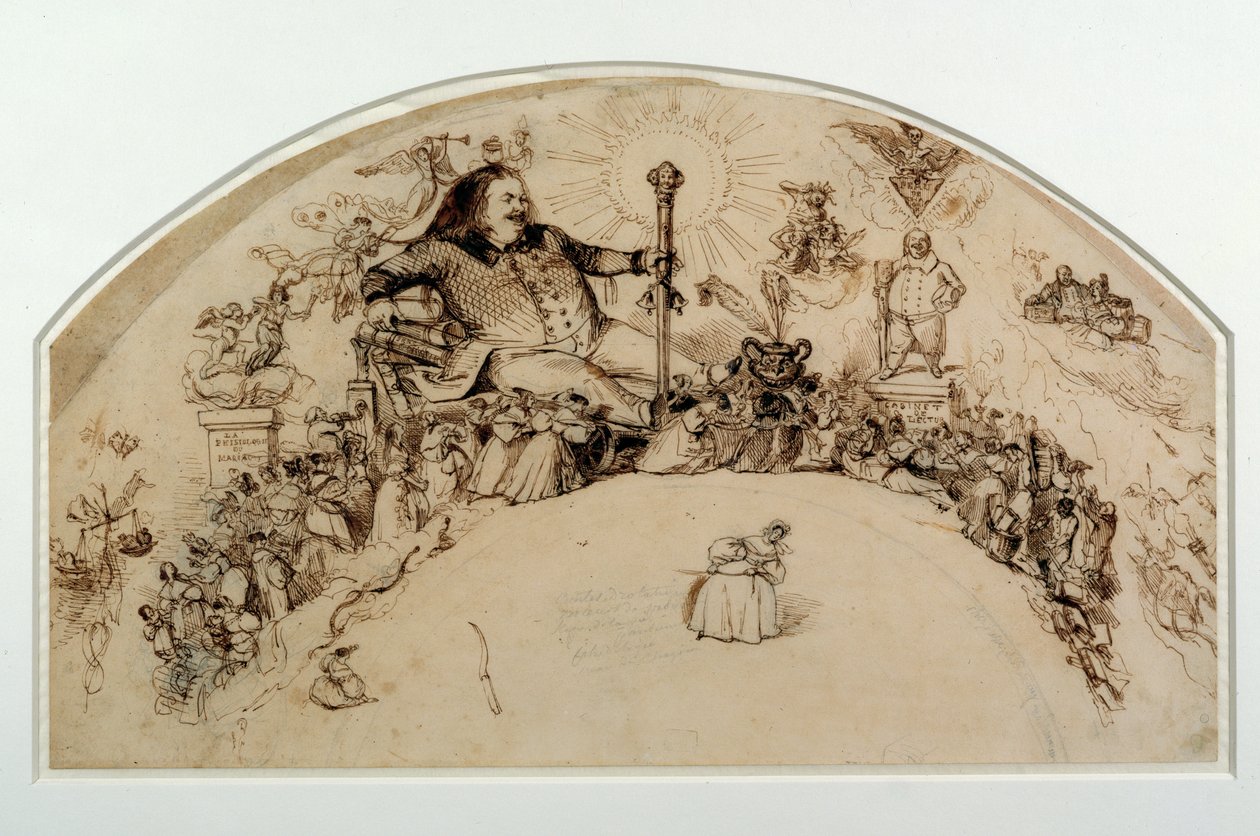 Honoré de Balzac (1799-1850) entre personajes de sus novelas, diseño para un abanico de Grandville
