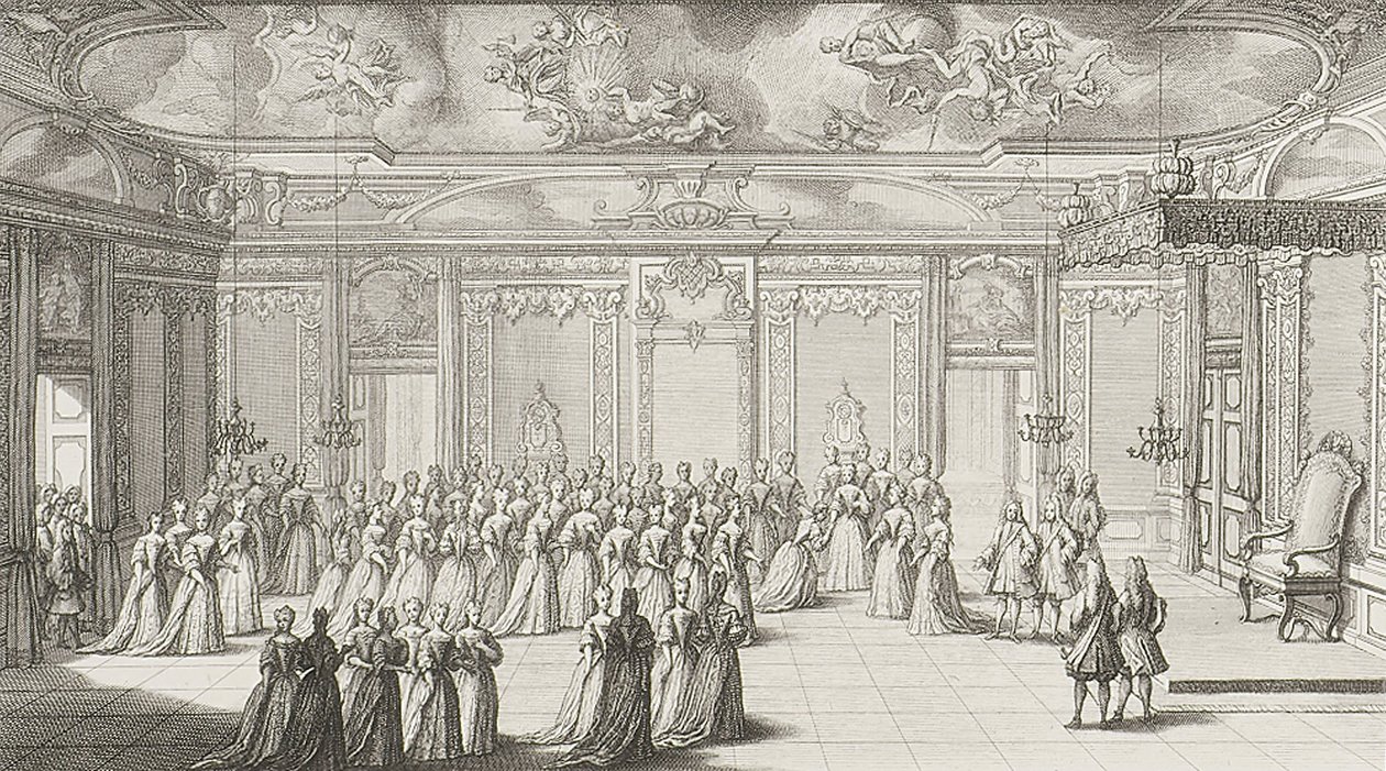 La cámara de audiencia durante la recepción de la novia en el Palacio de Dresde el 2 de septiembre de 1719 de Gérard II Scotin
