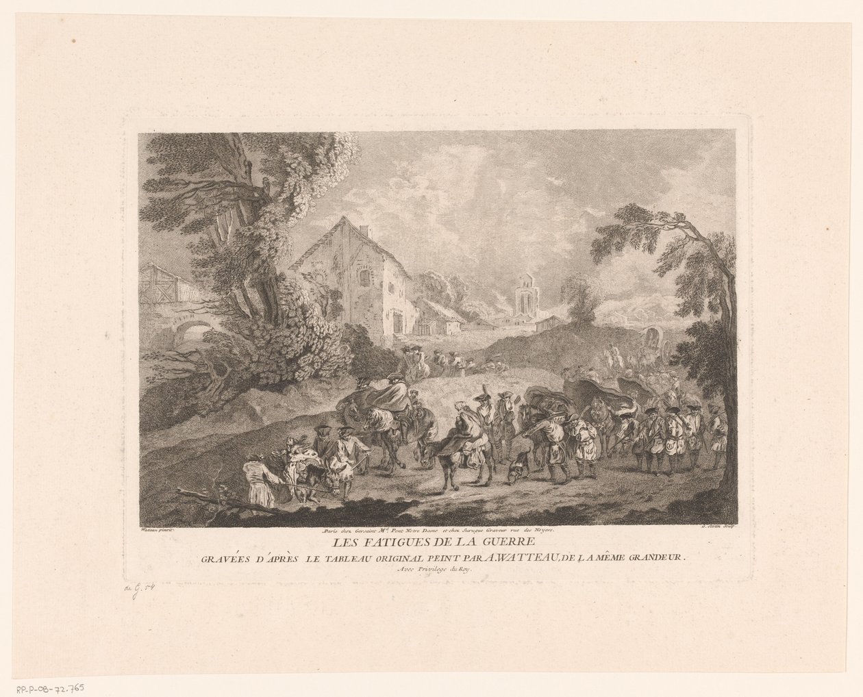 Paisaje con un grupo de soldados marchando Les Fatigues de la Guerre (título sobre objeto) Impresiones después de Antoine Watteau (título de la serie) L