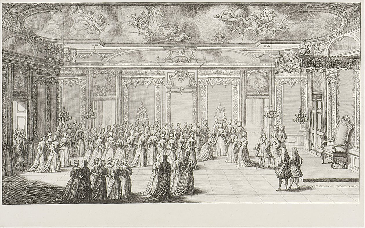 El Salón de Audiencias durante la recepción de la novia en el Palacio de Dresde el 2 de septiembre de 1719 de Gerard Jean Baptiste Scotin