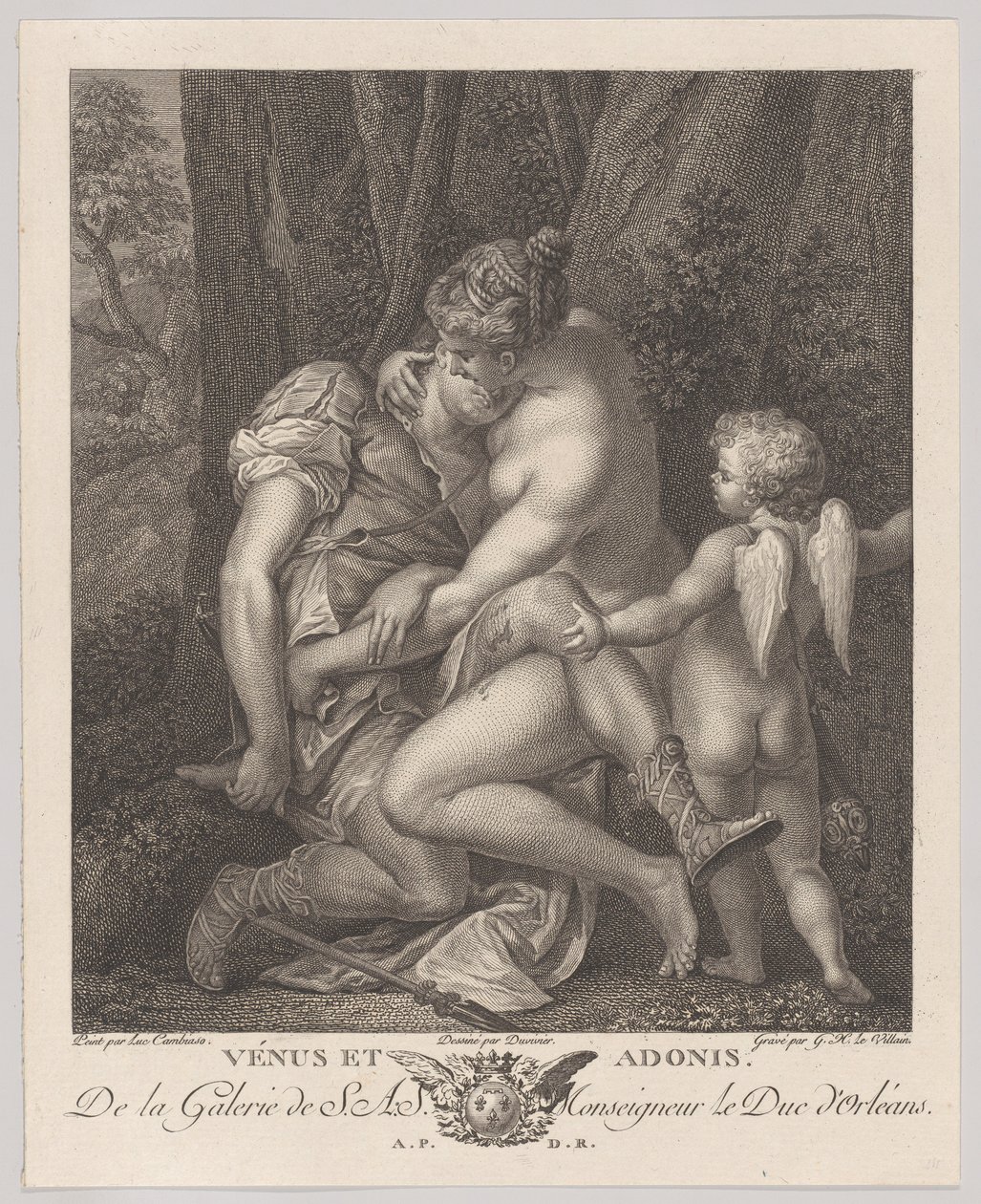 Venus llorando a Adonis, sentada bajo un árbol y abrazándolo, con Cupido a la derecha de Gérard René Le Vilain