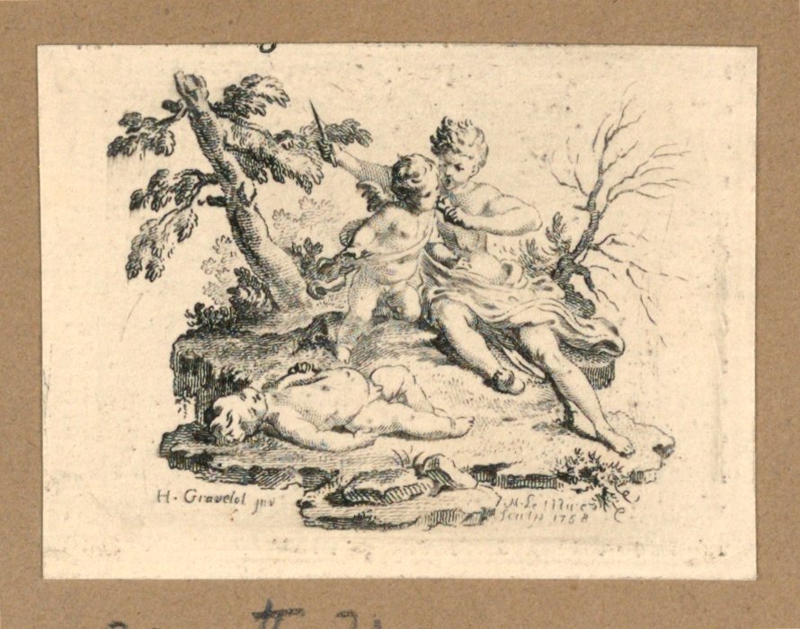 Cupido haciendo que Cupido coma el corazón de un niño, que ella ha cortado de Gravelot