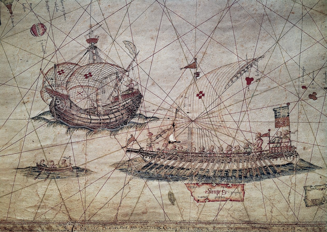 Galera y carabela portuguesa (detalle de la carta náutica del Mediterráneo) de Grazioso Benincasa