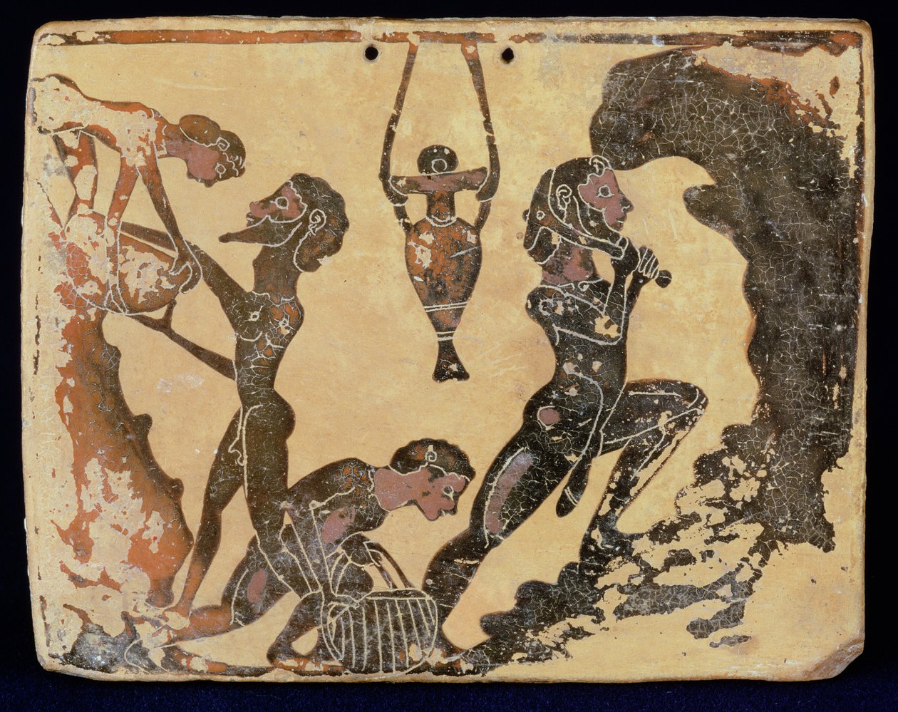 Placa corintia que representa a trabajadores en una cantera de arcilla, de Penteskophia cerca de Corinto, 575-550 a.C. de Greek