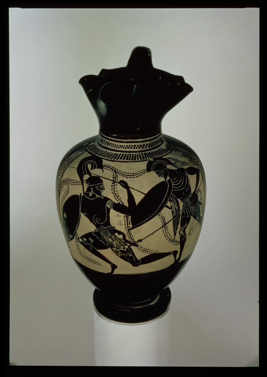 Oinichoe ateniense de figuras negras decorado con dos guerreros luchando (cerámica) de Greek