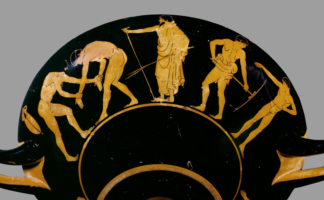 Copa de figuras rojas atenienses; representación de un entrenador con luchadores y otros atletas, 480 a.C. (cerámica) de Greek