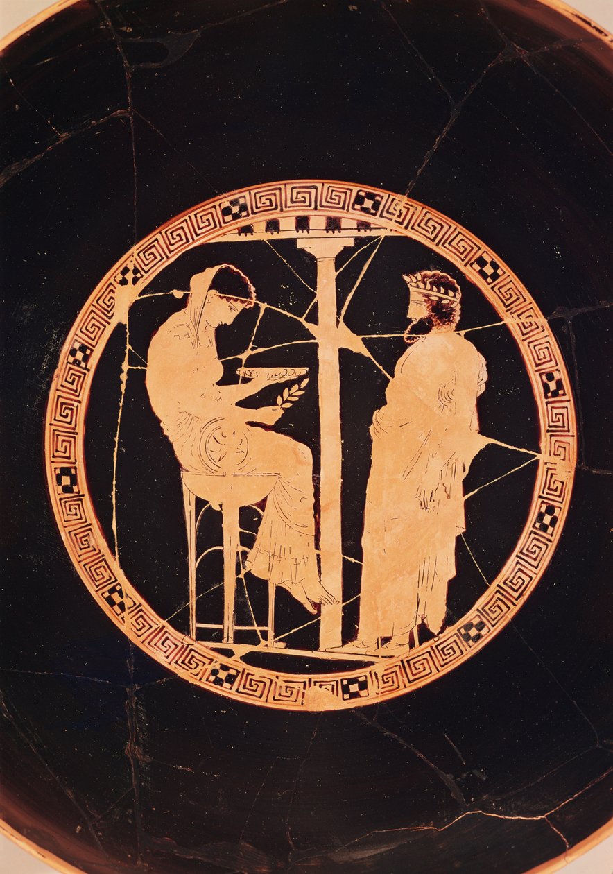 Kylix de figuras rojas atenienses que representa a Egeo, rey de Atenas, consultando el Oráculo de Delfos de Greek