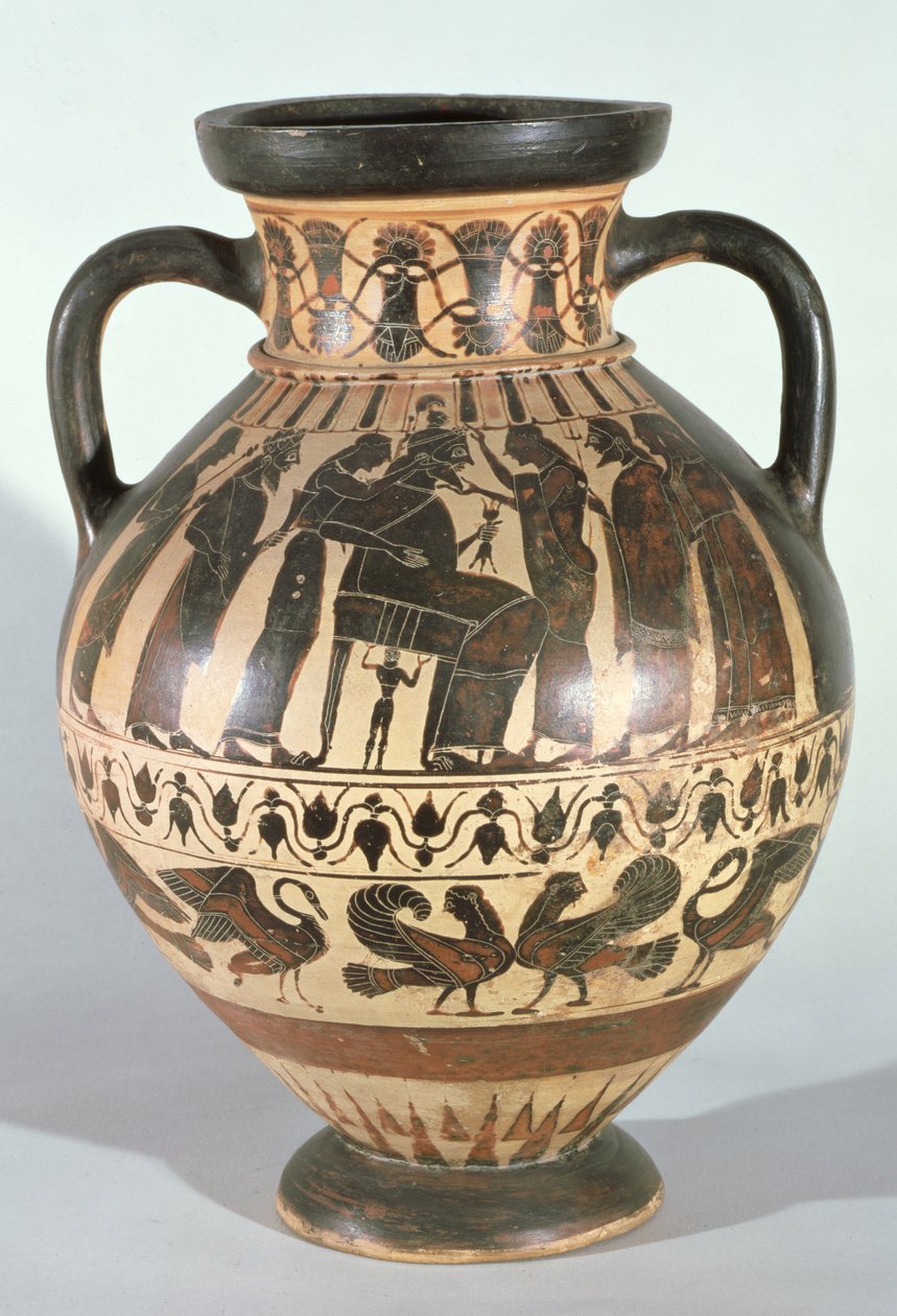 Ánfora corintia ático que representa a Zeus en su trono durante el nacimiento de Atenea de Greek