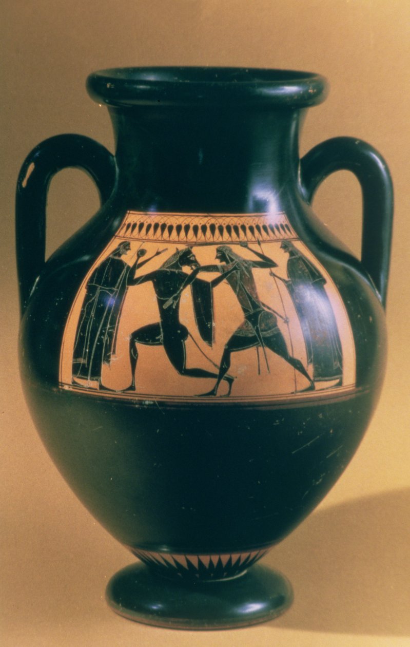 Ánfora de figuras negras áticas que representa a Teseo y el Minotauro, c.540-30 a.C. de Greek