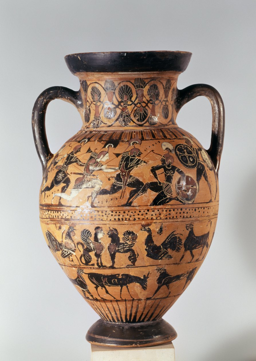 Ánfora de Figura Negra Ática que Representa Guerreros Luchando y Animales Fantásticos de Greek