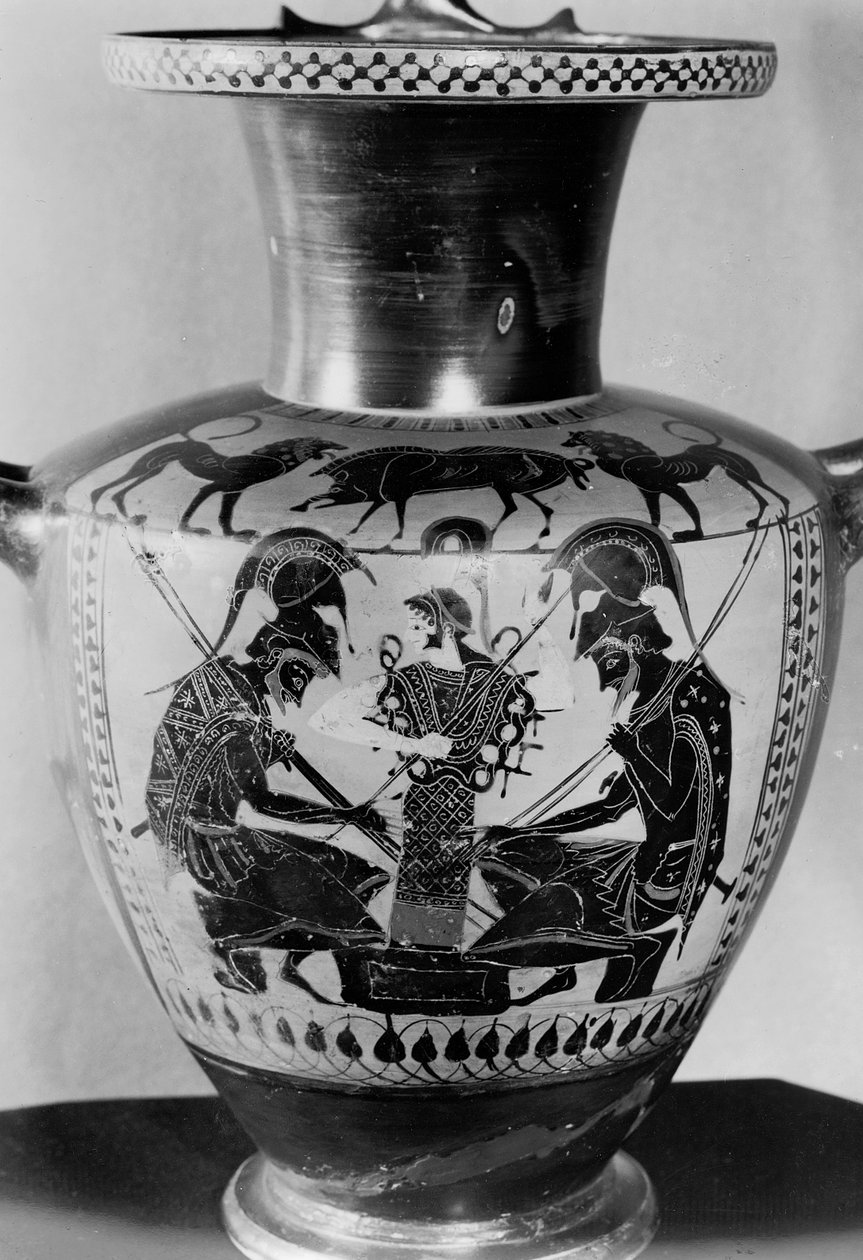 Hidria de figuras negras del ático que representa a Aquiles y Áyax jugando a los dados de Greek