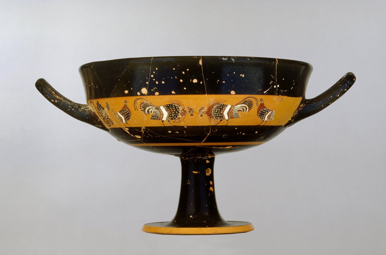 Copa de banda de figuras negras áticas decorada con una pelea de gallos, por el Pintor de Tleson, de Vulci, c.550-525 a.C. de Greek