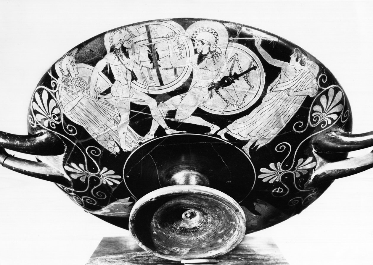 Copa de figuras rojas áticas que representa a Aquiles y Héctor luchando en presencia de Atenea y Apolo de Greek