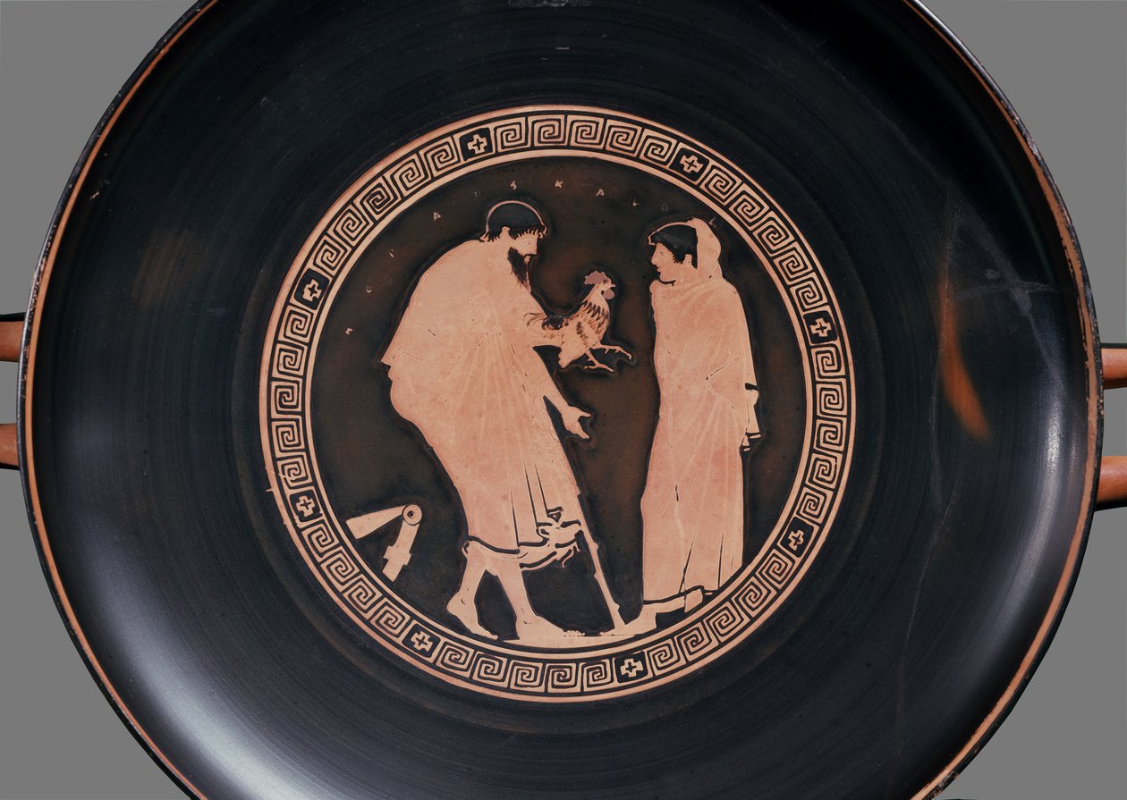 Copa de figuras rojas áticas con un hombre barbudo ofreciendo un gallo a un niño, c.470 a.C. de Greek