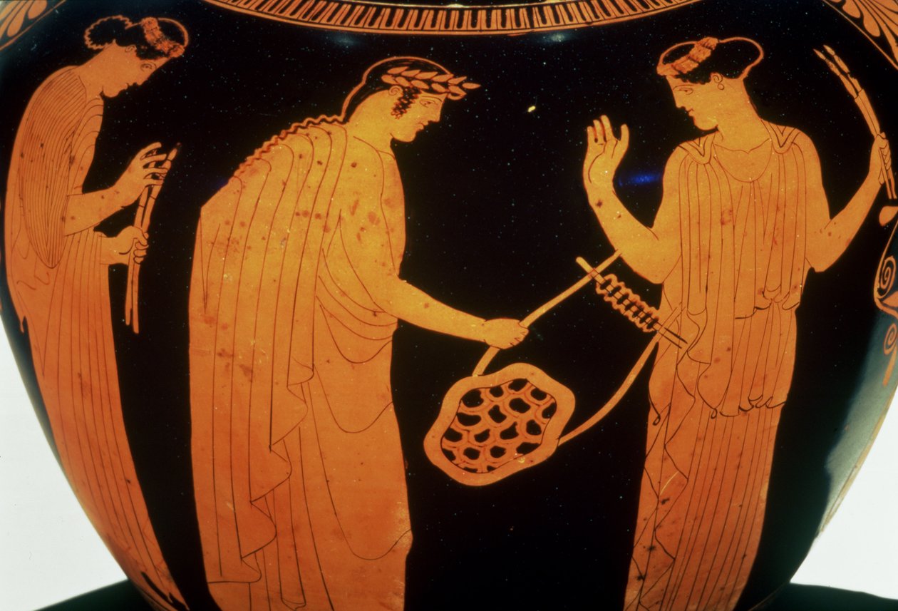 Hidria de figuras rojas áticas decorada con la historia de Thamyris, el Bardo Tracio, c.440-420 a.C. de Greek