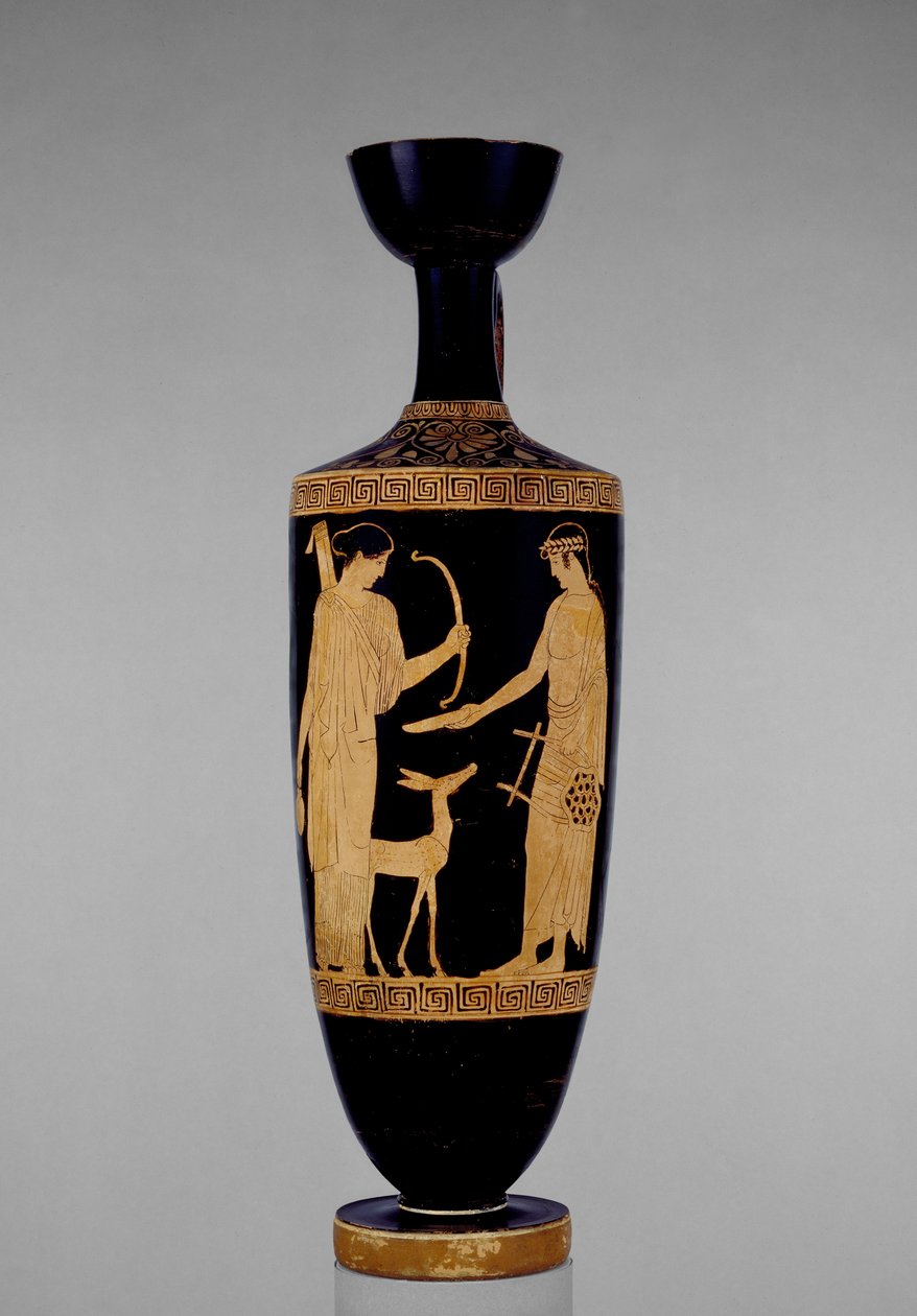 Lécito ático de figuras rojas decorado con Apolo y Artemisa con un ciervo, siglo V a.C. de Greek