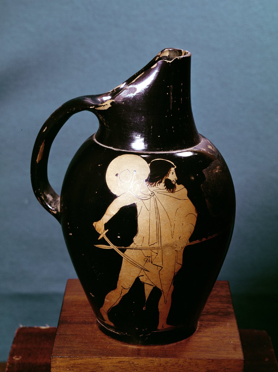 Oinochoe ático de figuras rojas que representa a Ulises persiguiendo a la hechicera Circe con su espada (cerámica) de Greek
