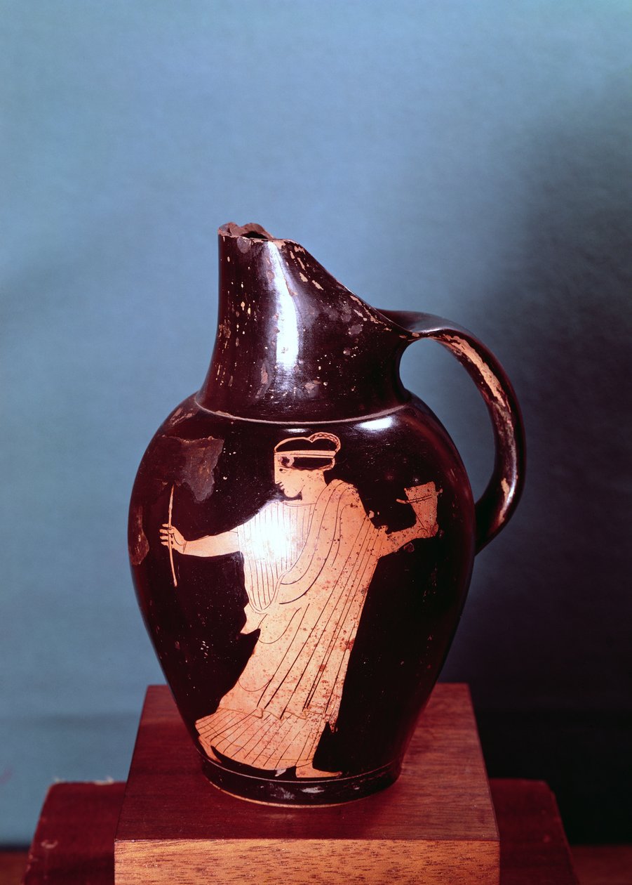 Oinochoe de figuras rojas áticas, que representa a la hechicera Circe siendo perseguida por Ulises de Greek