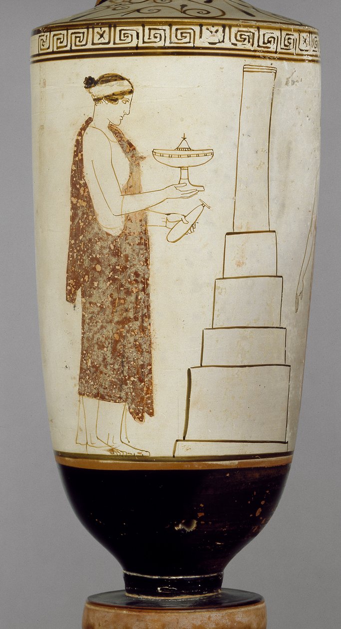Lekythos de fondo blanco ático que muestra a una mujer y un joven en una tumba de Greek