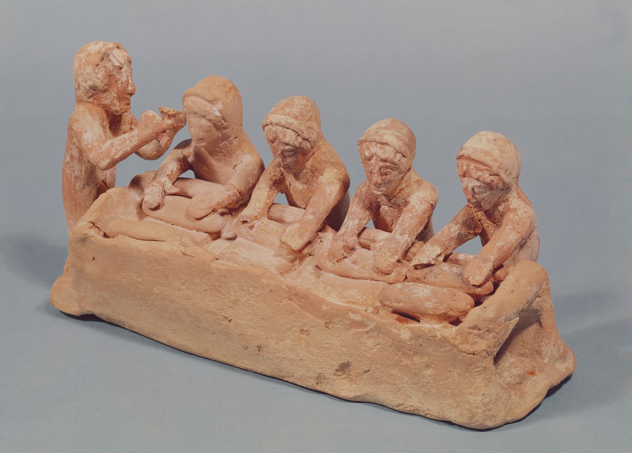 Panaderos amasando masa al sonido de una flauta, encontrado en Tebas, Beocia, siglo VI a.C. (terracota) de Greek