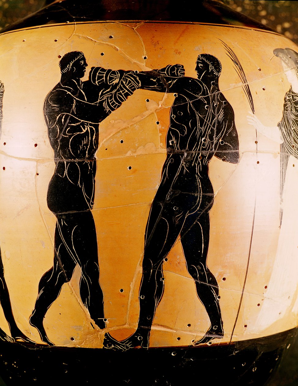 Ánfora panatenaica de figuras negras que representa un concurso de boxeo, c.336 a.C. (cerámica) de Greek