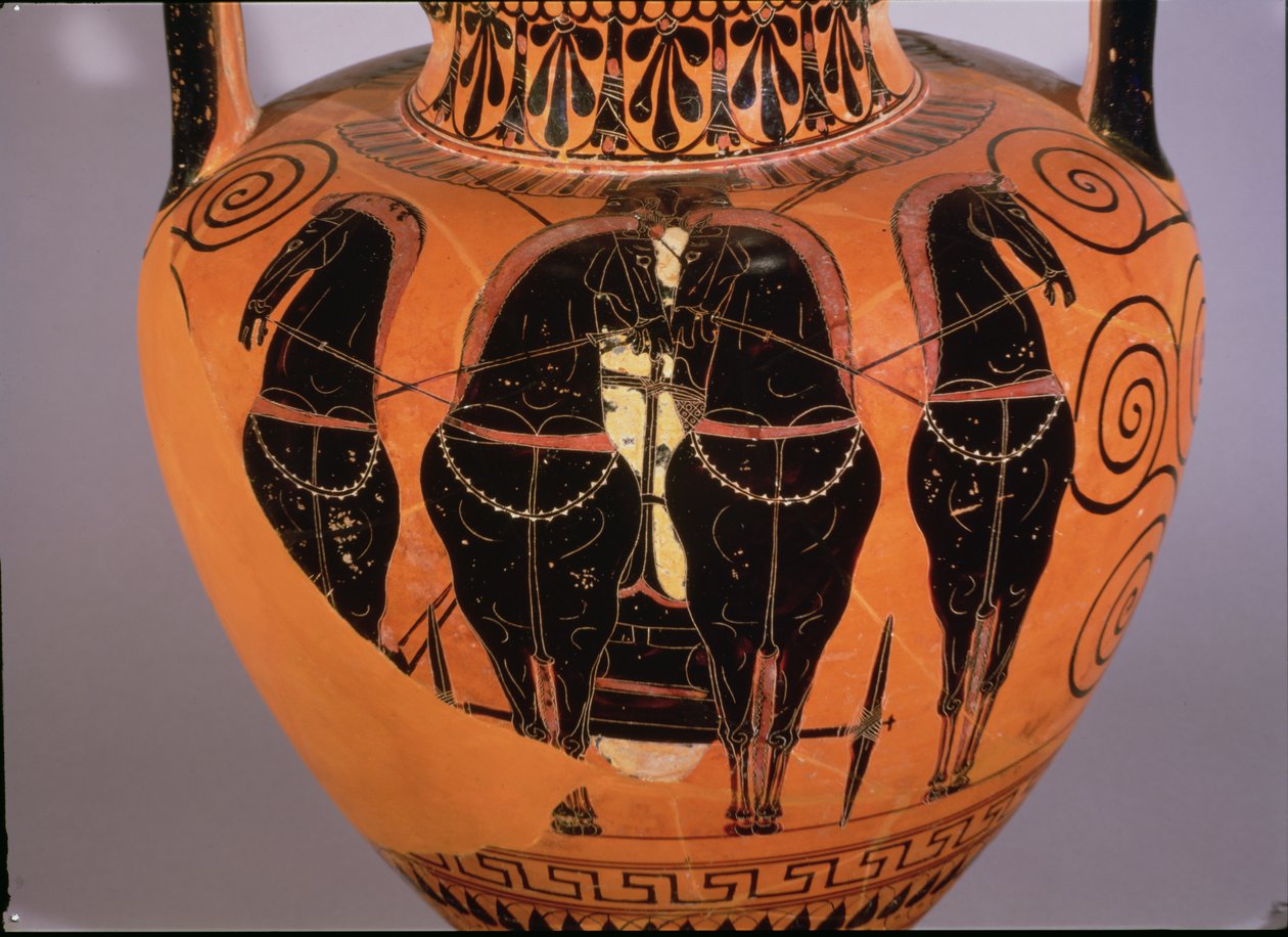 Ánfora de figuras negras que representa una cuadriga de Greek