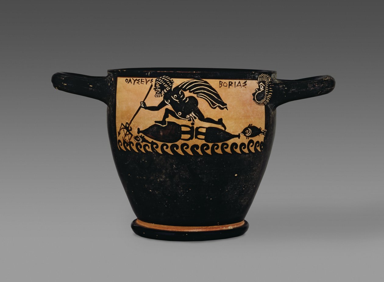 Skyphos de figuras negras beocias, decorado con una escena de Ulises siendo arrastrado por el mar por Boreas, del taller del Pintor Mystae, Tebas, Beocia, finales del siglo V a.C. de Greek