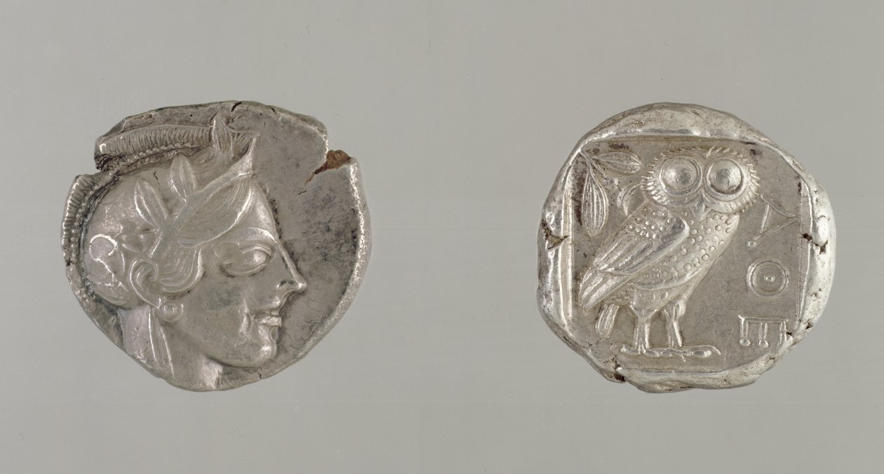 Ambos lados de una Dracma, con la cabeza de Atenea y un Búho, de Atenas, c.450-440 a.C. de Greek
