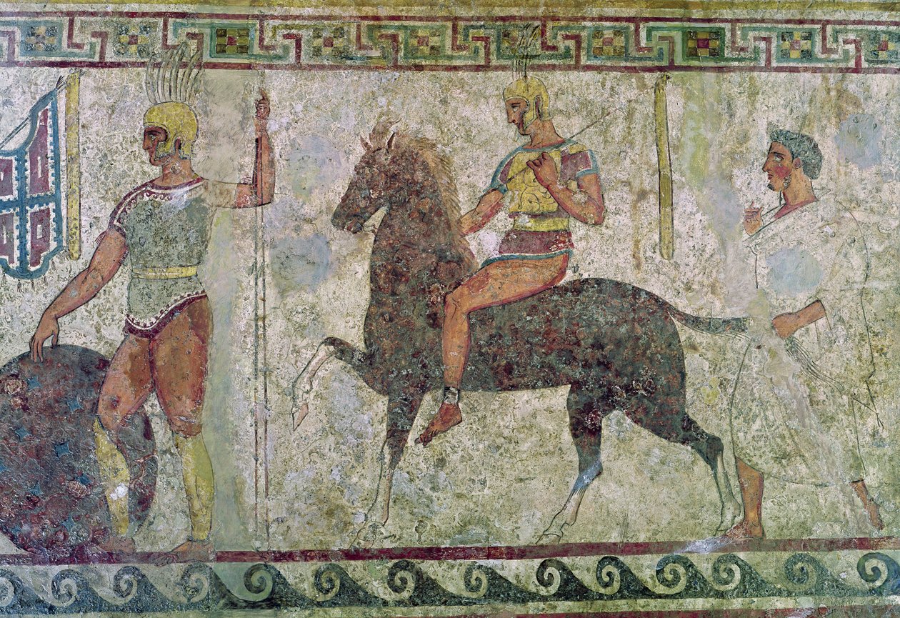 Caballero y un soldado de infantería, pintura de tumba de Paestum de Greek