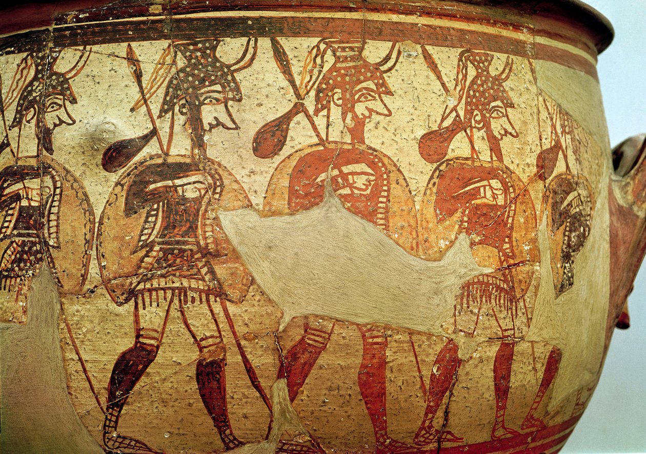 (Detalle) de un crátera de figuras rojas que representa guerreros, Rodas, siglo XIII-XII a.C. de Greek
