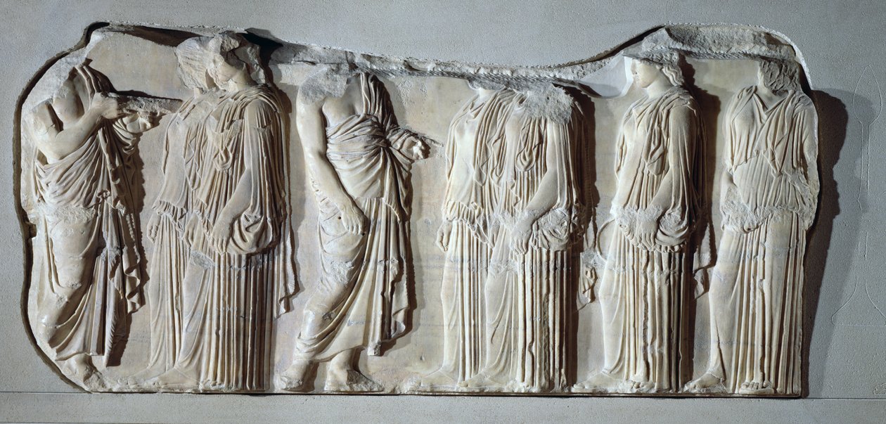 Organizadores y ergastinas (portadoras de peplos), sección de la Gran procesión Panatenaica del friso este del Partenón, c.442-438 a.C. de Greek