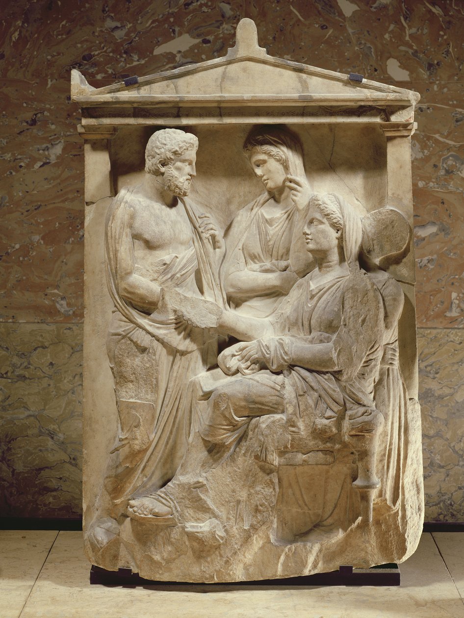 Lápida de Phainippos y Mnesarete mostrando reunión familiar y apretón de manos, período Ático, c.350 a.C. (mármol) de Greek