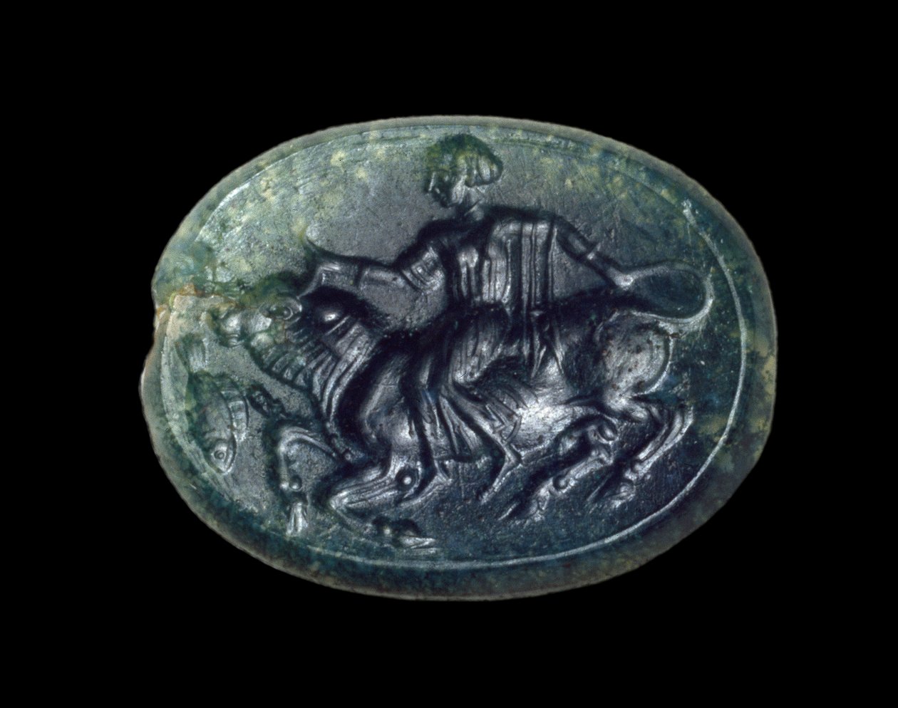 Escaraboide que representa a Europa y el Toro, griego de Chipre, tardío arcaico de Greek