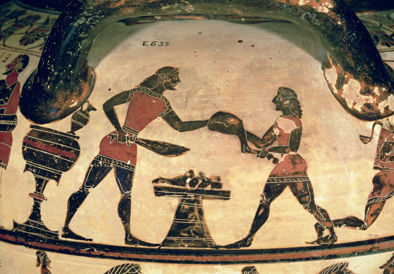 Sirvientes preparando comida para un simposio, (detalle) de una crátera de columnas de figuras negras corintias tempranas, de Cerveteri, c.600 a.C. de Greek
