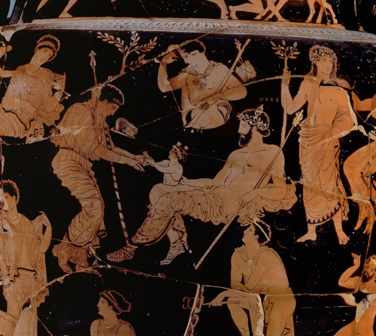 El nacimiento de Dionisio, crátera proto-apulia de figuras rojas (detalle) de Greek