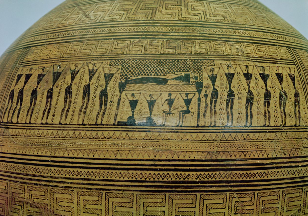 Ánfora de Dipylon, urna funeraria en estilo geométrico del Kerameikos Necropolis, (detalle) de la escena funeraria, Atenas, c.750 a.C. de Greek