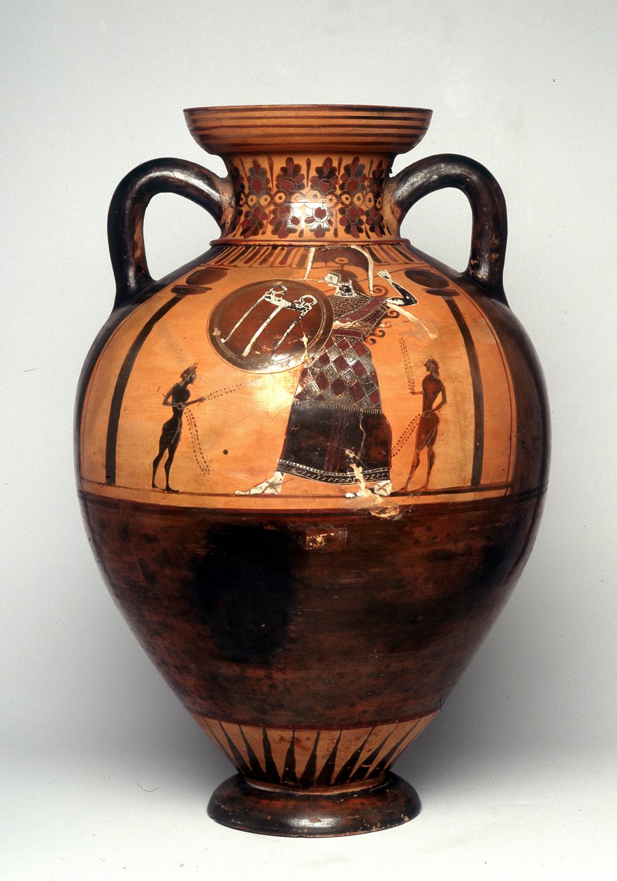 Vaso de figuras negras que representa a Atenea blandiendo un escudo y una lanza, 550 a.C. (cerámica) de Greek