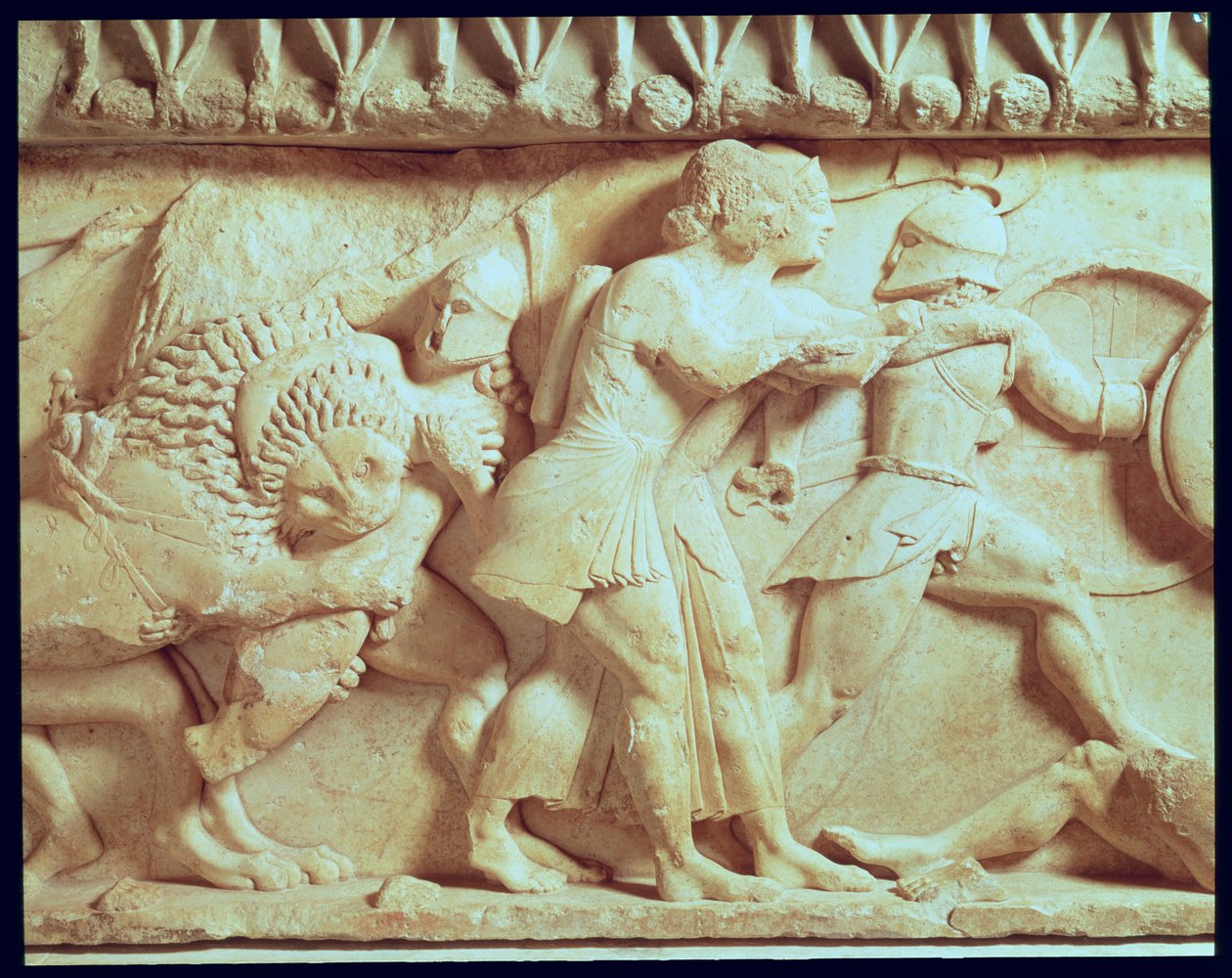 Detalle del friso norte del Tesoro de Siphnian que muestra dioses luchando contra gigantes de Greek